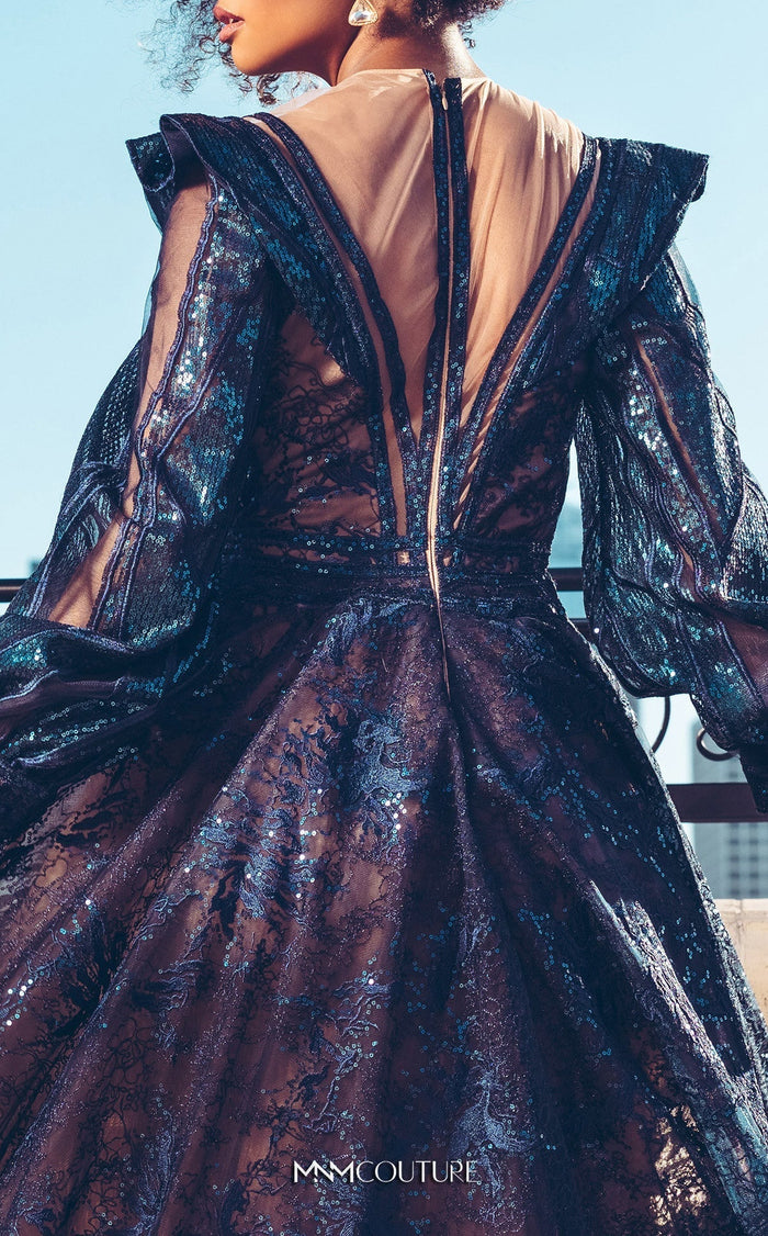 MNM Couture 2522 Navy Blue Sequin Ball Gown with Sheer Sleeves
