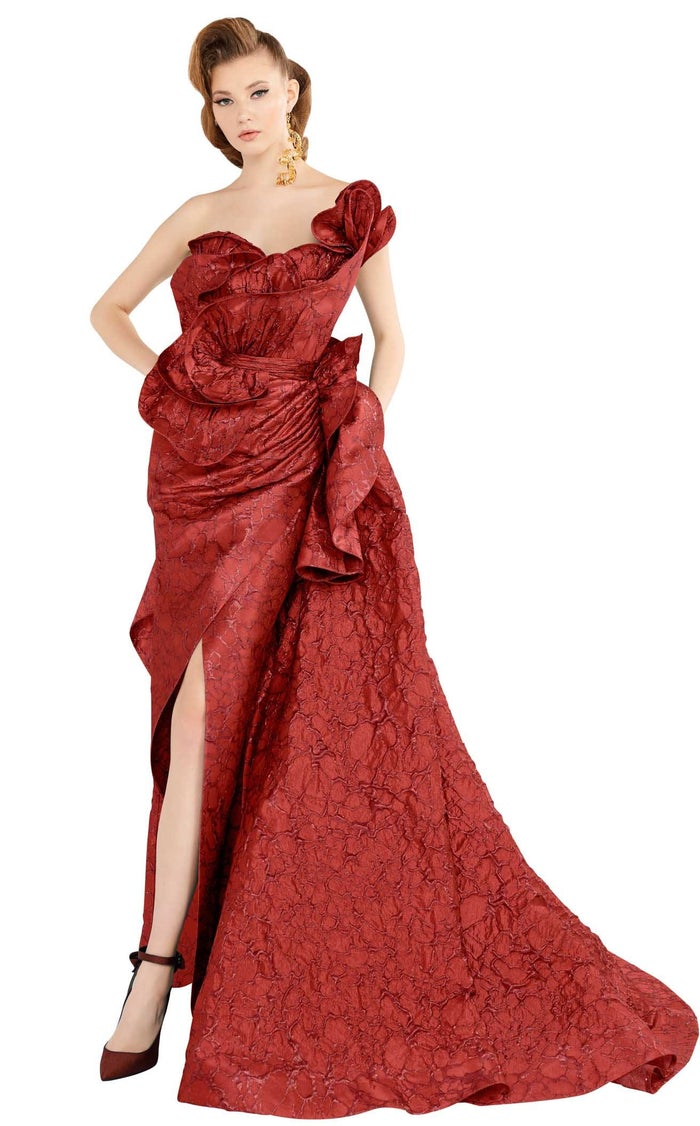 Fouad Sarkis 2567 Aqua One-Shoulder Ruffled Gown by MNM Couture