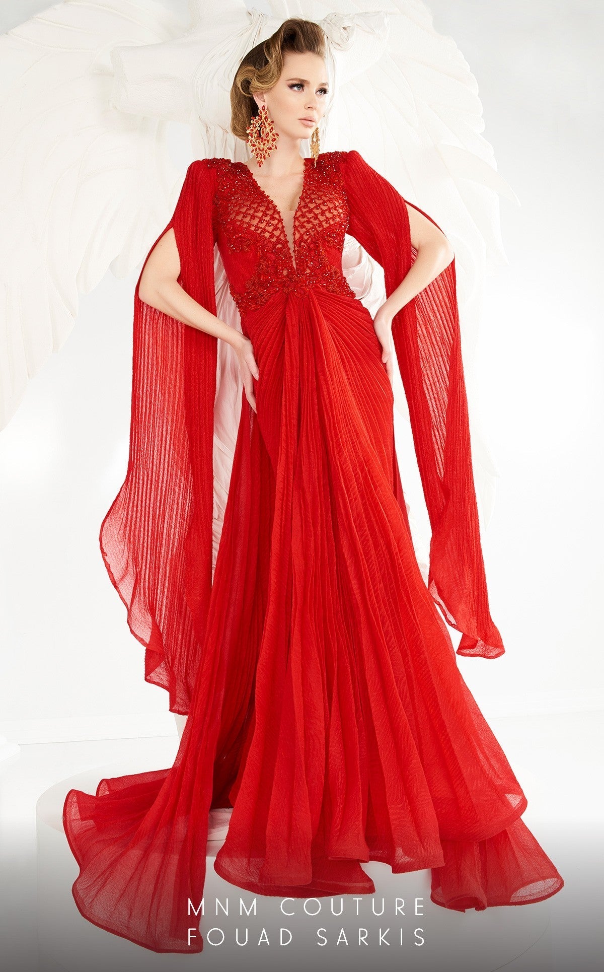 Fouad Sarkis 2569 Draped Light Pink Evening Gown with Beaded Appliqué