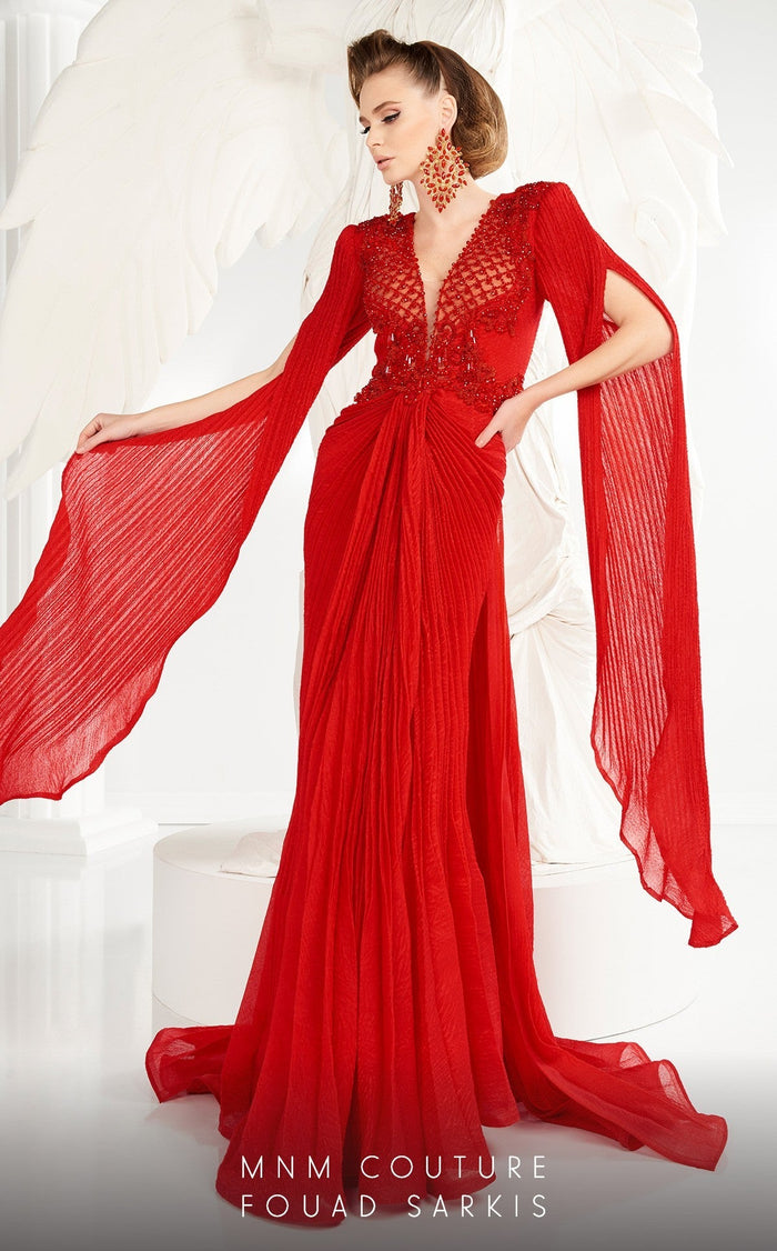 Fouad Sarkis 2569 Draped Light Pink Evening Gown with Beaded Appliqué