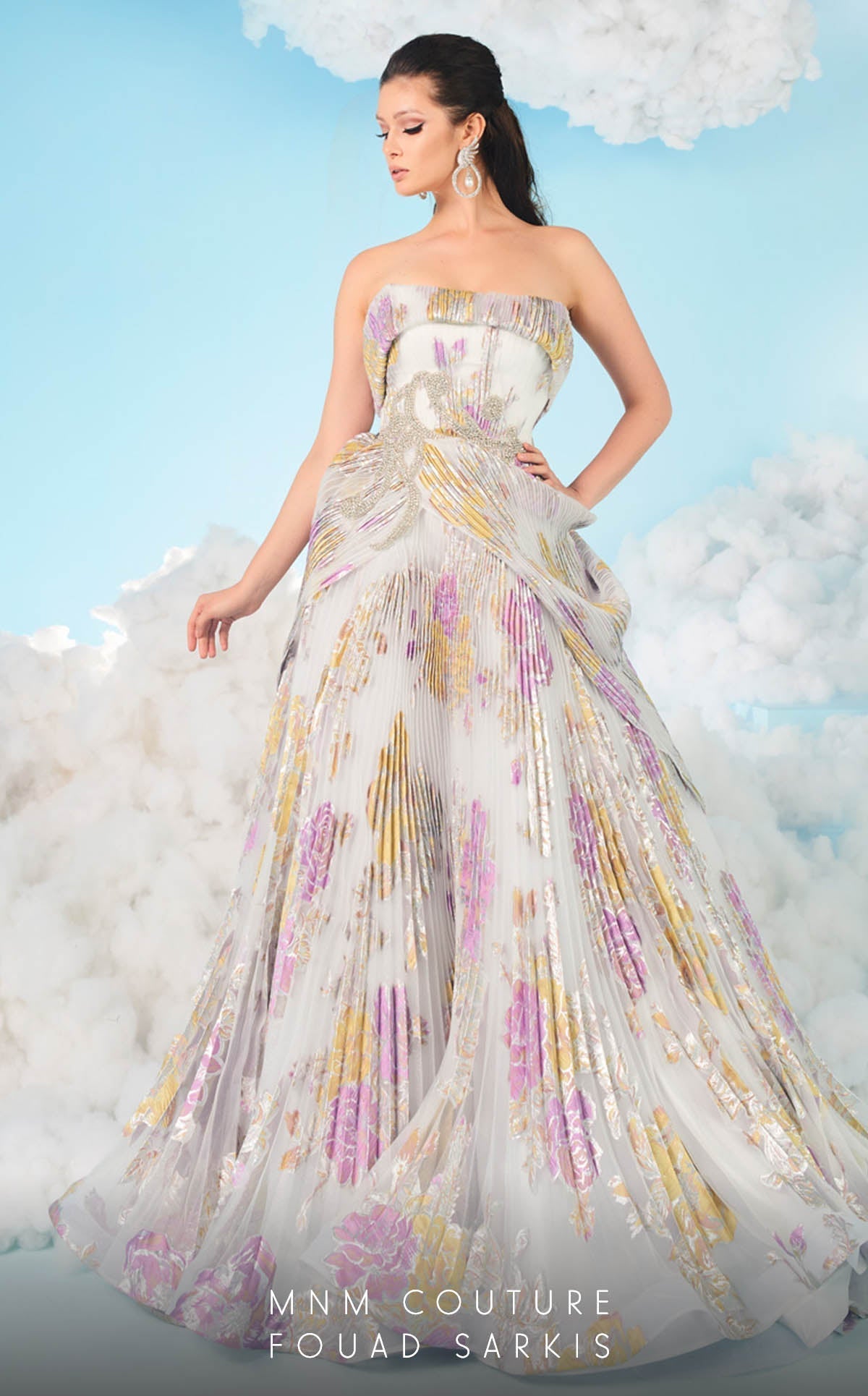 Fouad Sarkis 2619 Strapless Metallic Floral Ball Gown in White