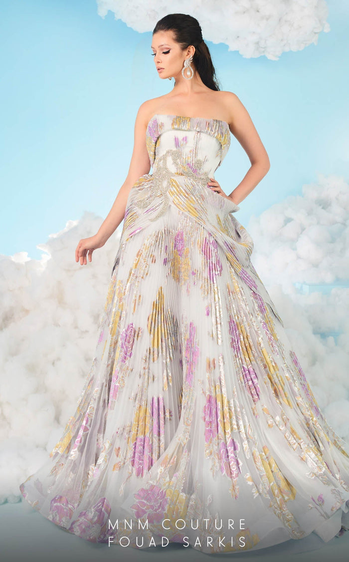 Fouad Sarkis 2619 Strapless Metallic Floral Ball Gown in White
