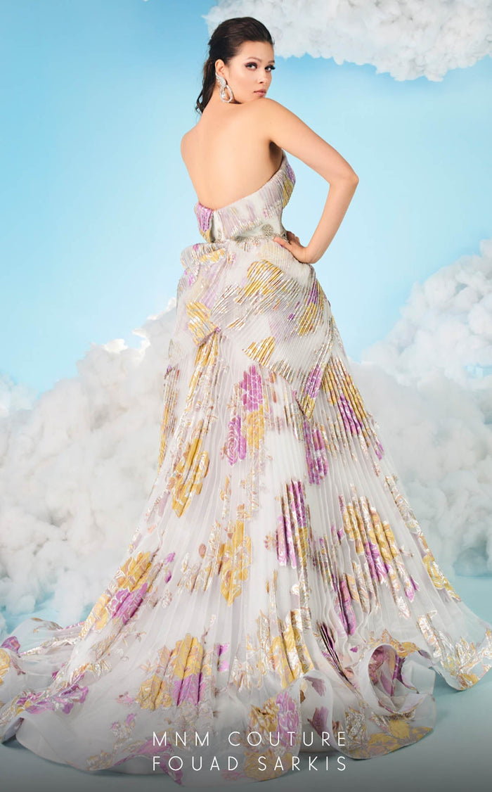 Fouad Sarkis 2619 Strapless Metallic Floral Ball Gown in White