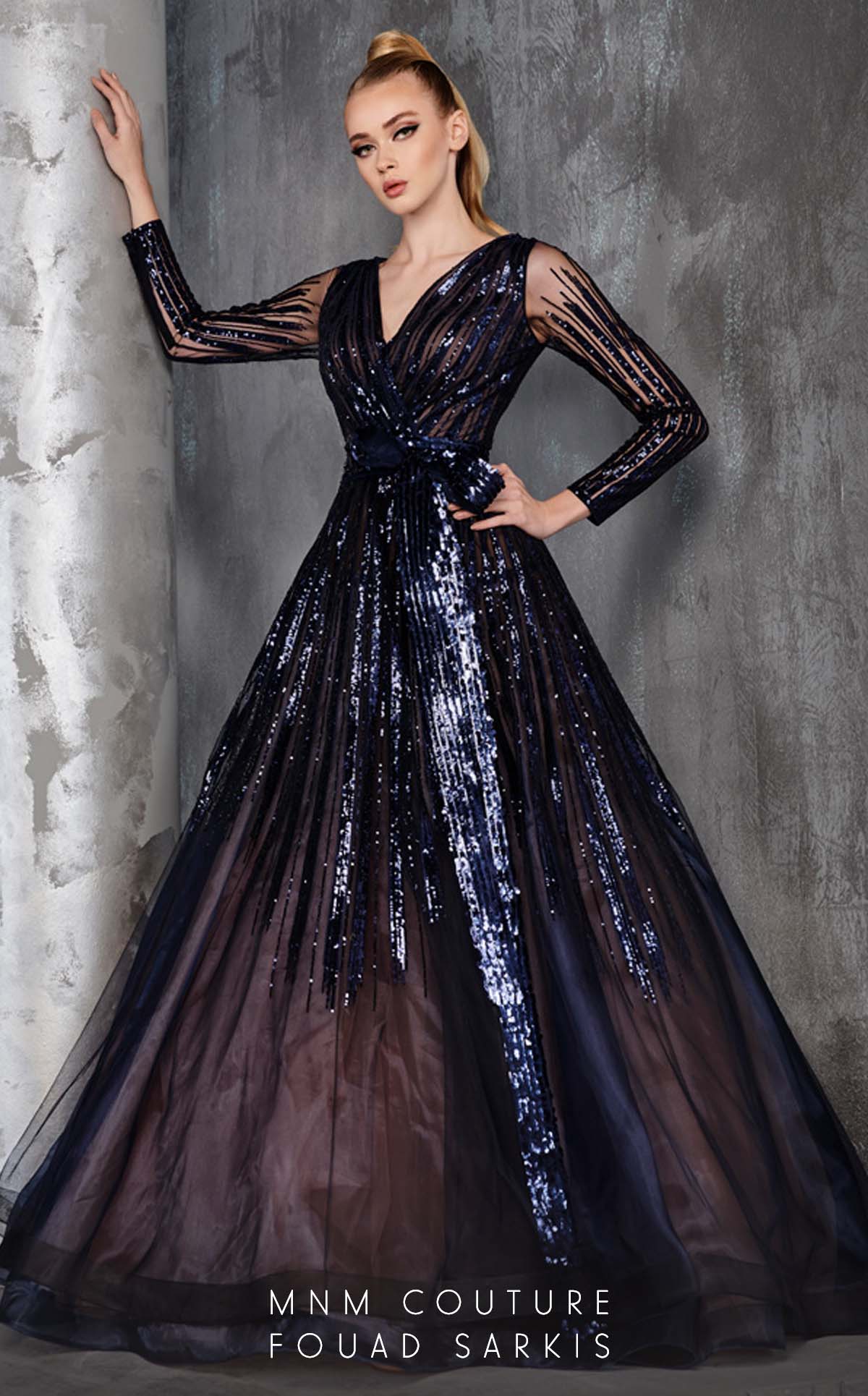 Fouad Sarkis 2621 Blue Sequined Illusion Ball Gown by MNM Couture