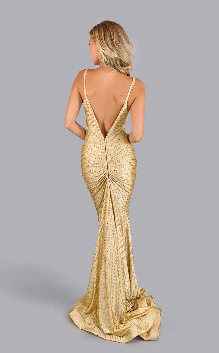 Jessica Angel JA2638 V-Neck Spaghetti Strap Fitted V-Back Crystal Jersey Dress
