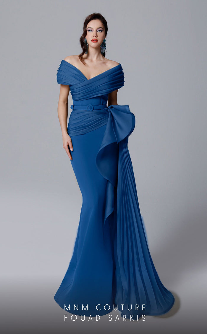 Off-Shoulder Evening Gown with Pleated Overskirt & Bow Detail Formal Dress by MNM Couture 2692