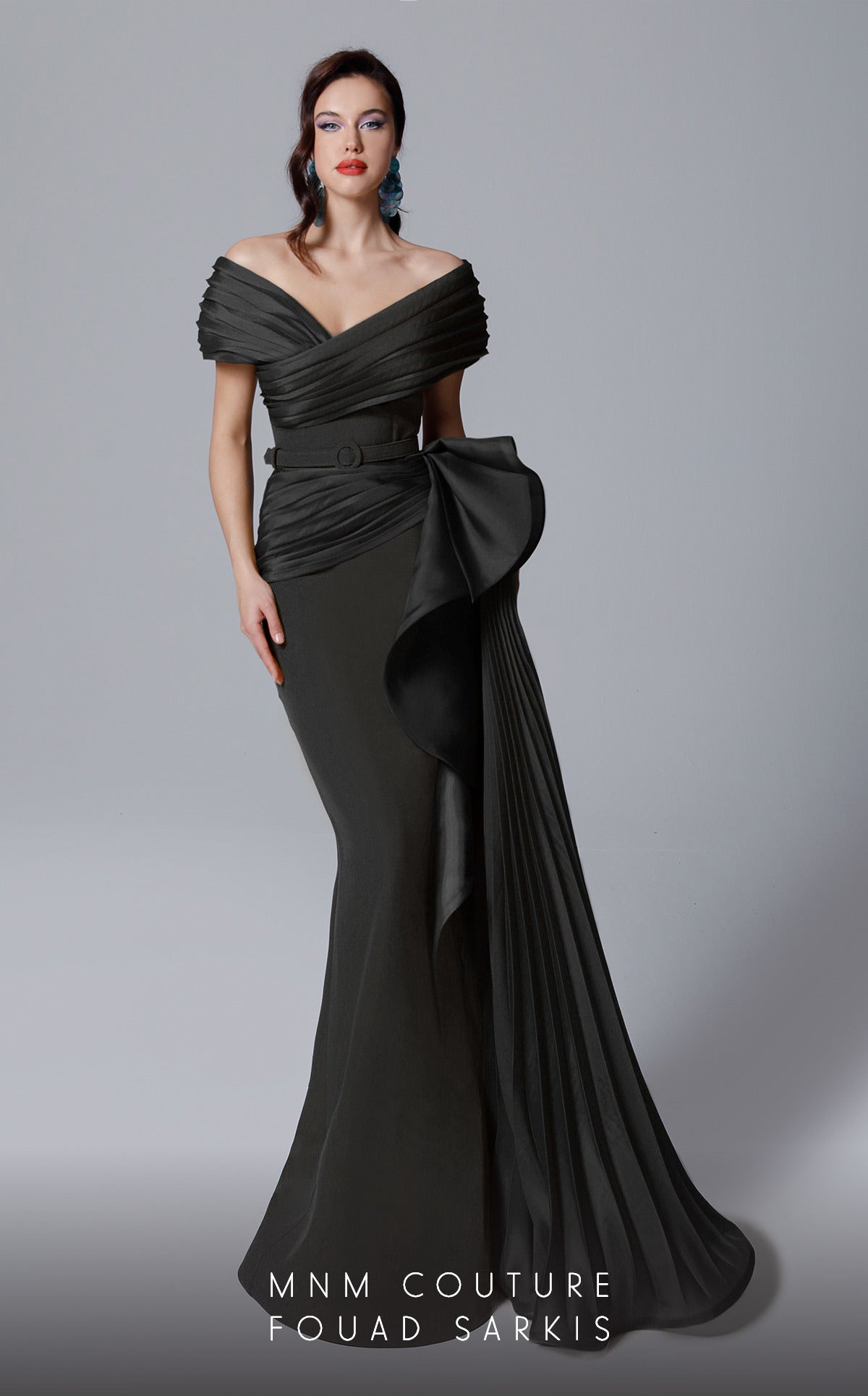 Off-Shoulder Evening Gown with Pleated Overskirt & Bow Detail Formal Dress by MNM Couture 2692