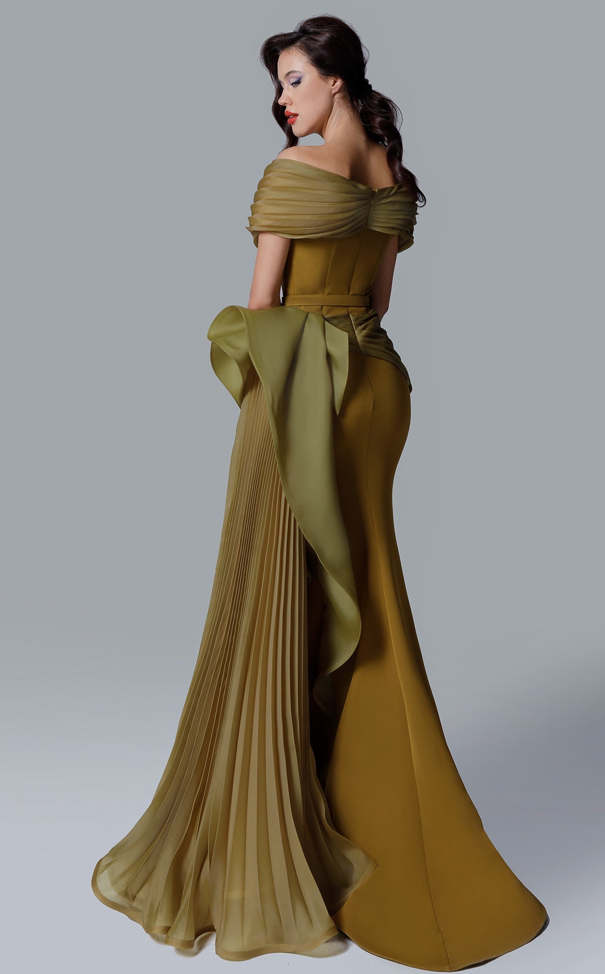 Off-Shoulder Evening Gown with Pleated Overskirt & Bow Detail Formal Dress by MNM Couture 2692