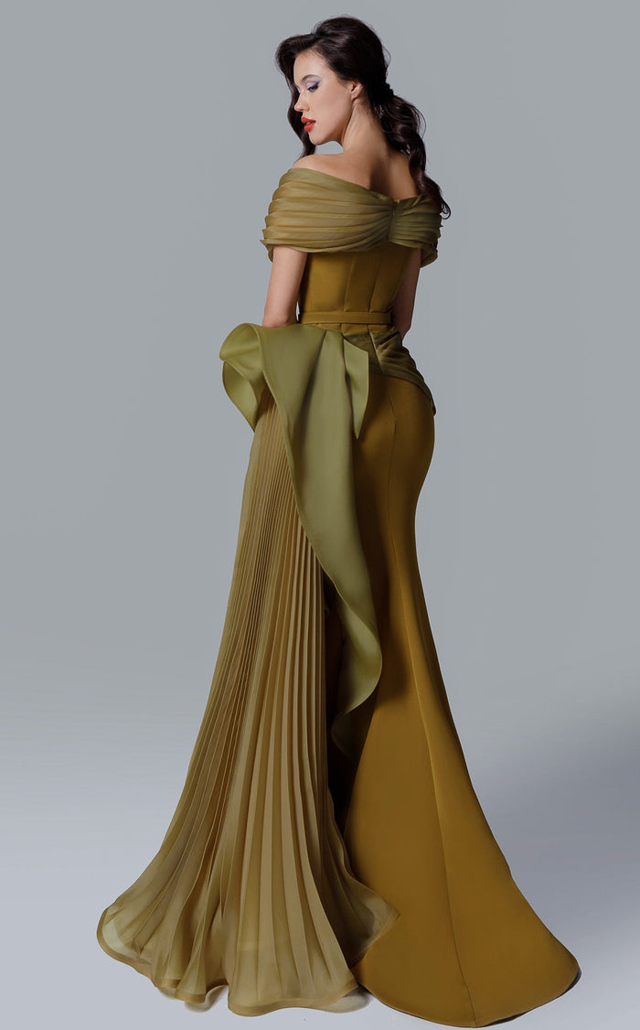 Off-Shoulder Evening Gown with Pleated Overskirt & Bow Detail Formal Dress by MNM Couture 2692