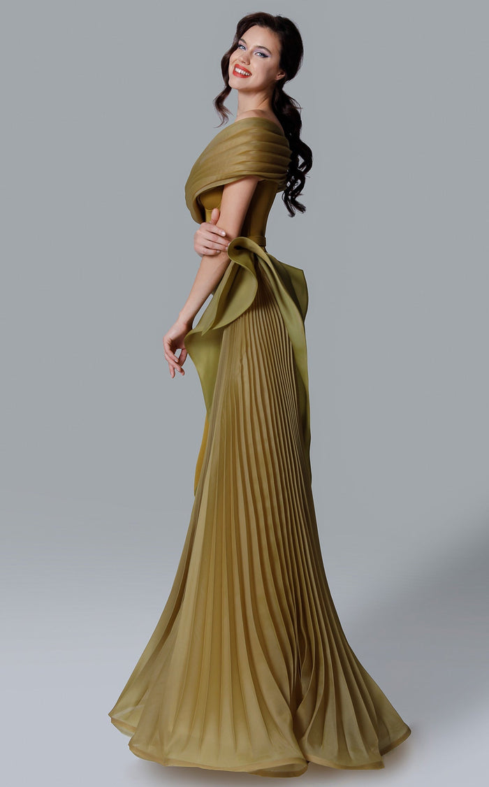 Off-Shoulder Evening Gown with Pleated Overskirt & Bow Detail Formal Dress by MNM Couture 2692