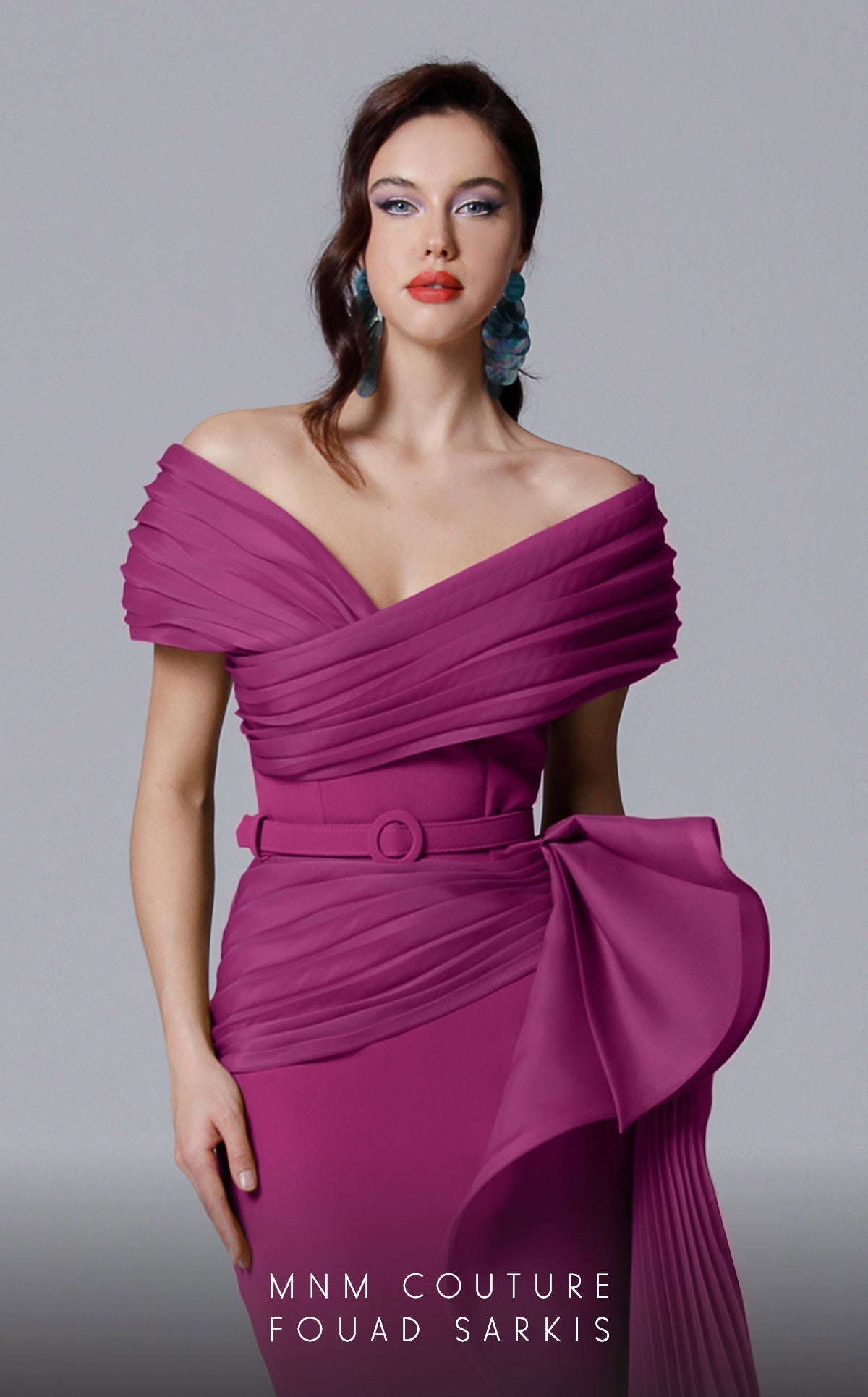 Off-Shoulder Evening Gown with Pleated Overskirt & Bow Detail Formal Dress by MNM Couture 2692