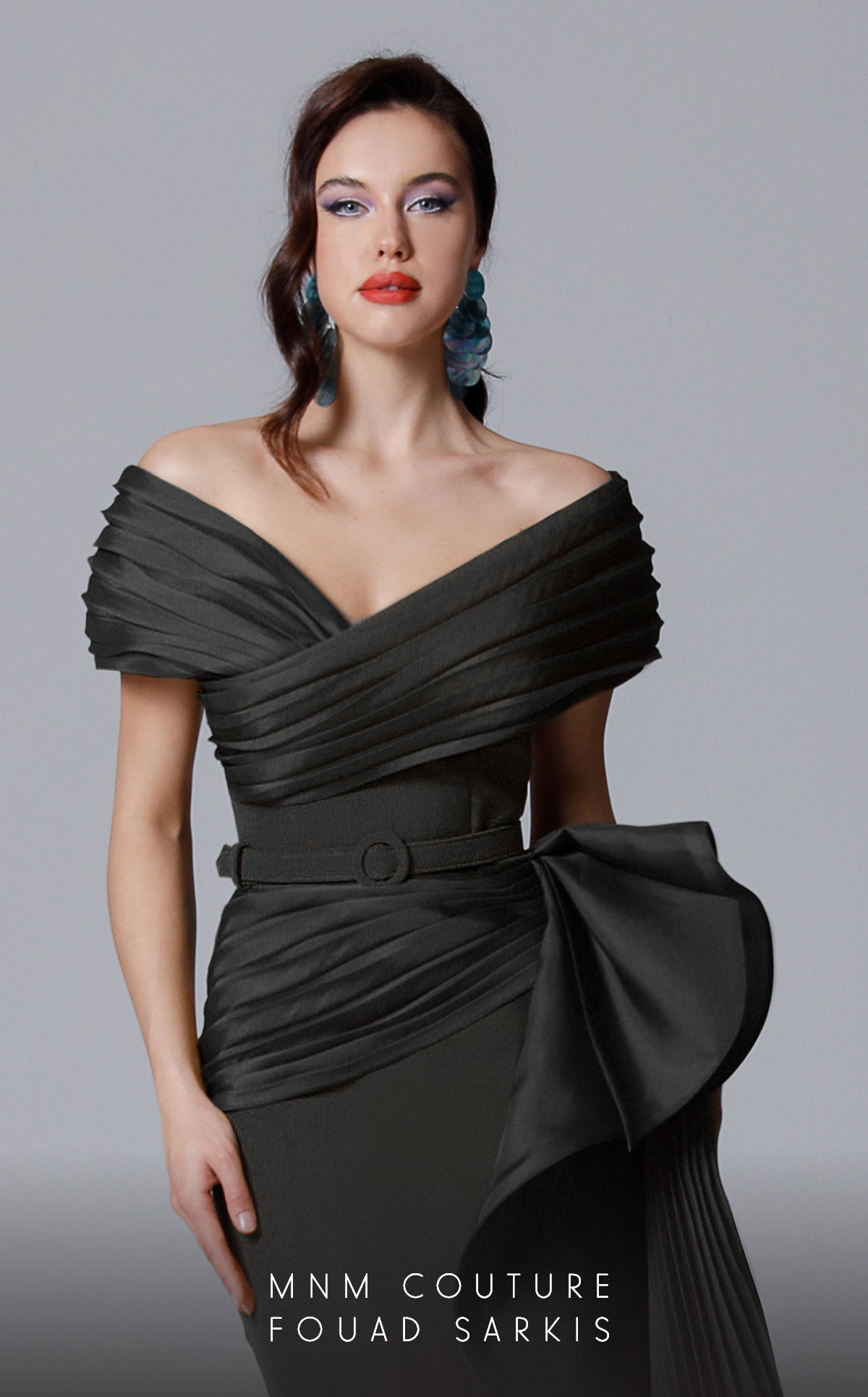 Off-Shoulder Evening Gown with Pleated Overskirt & Bow Detail Formal Dress by MNM Couture 2692