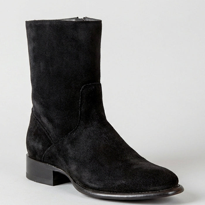 Men's Black Suede Low Boots With Zipper Roper Toe - Black