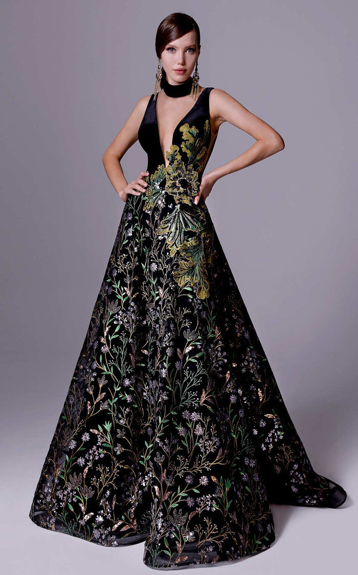 Fouad Sarkis 2707 Plunging Embroidered Ball Gown in Black
