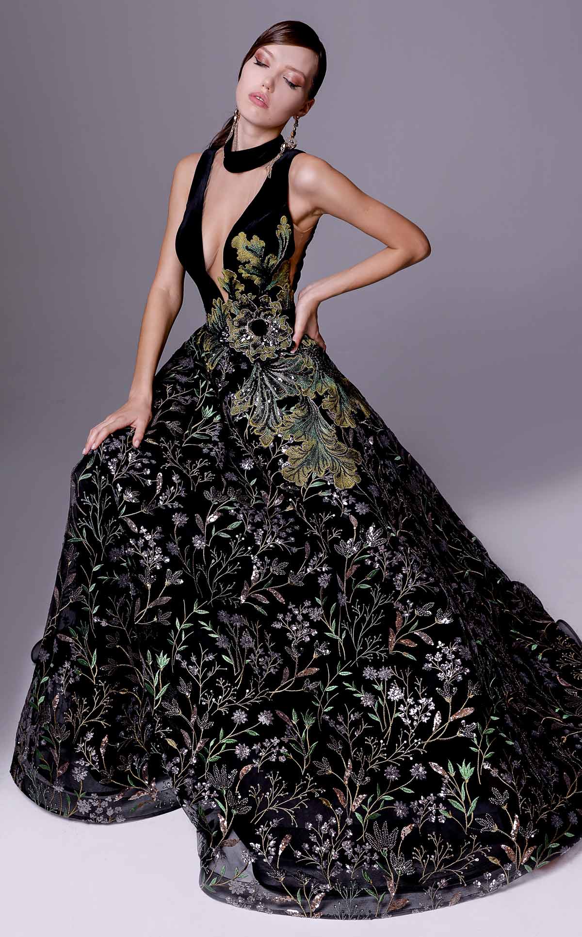 Fouad Sarkis 2707 Plunging Embroidered Ball Gown in Black