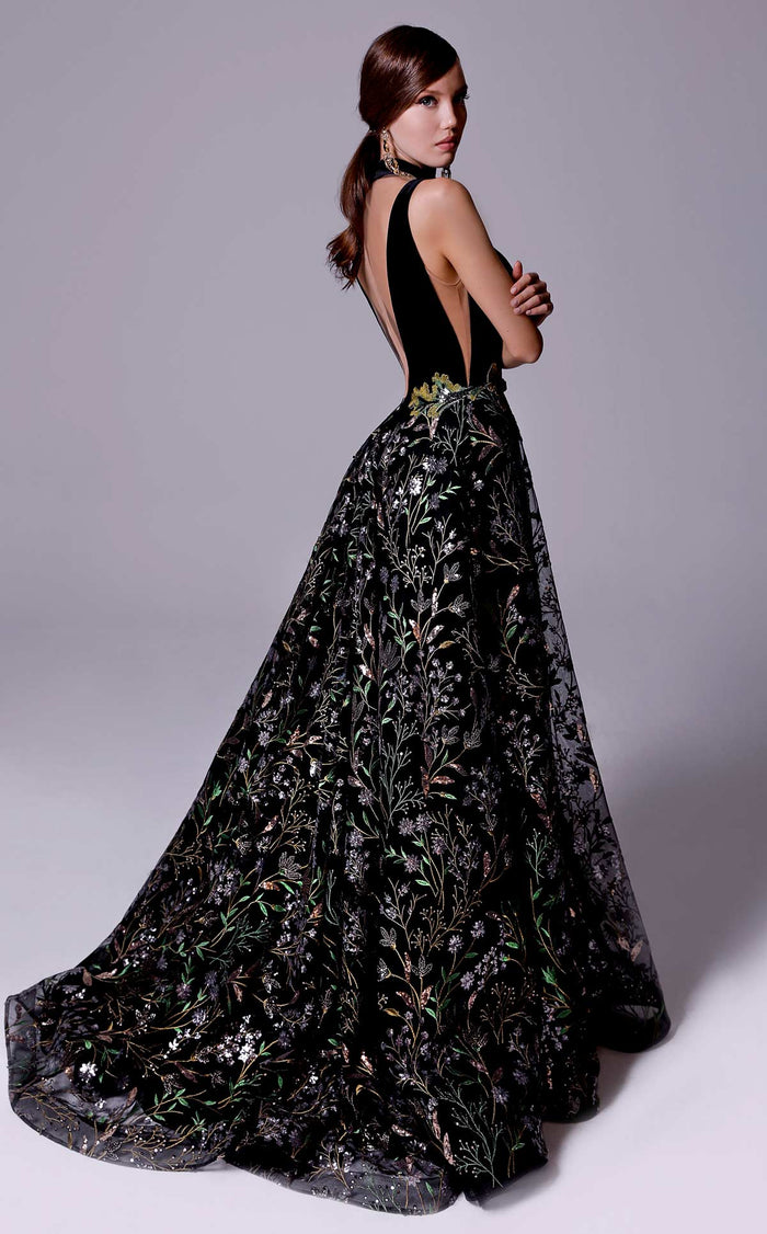 Fouad Sarkis 2707 Plunging Embroidered Ball Gown in Black