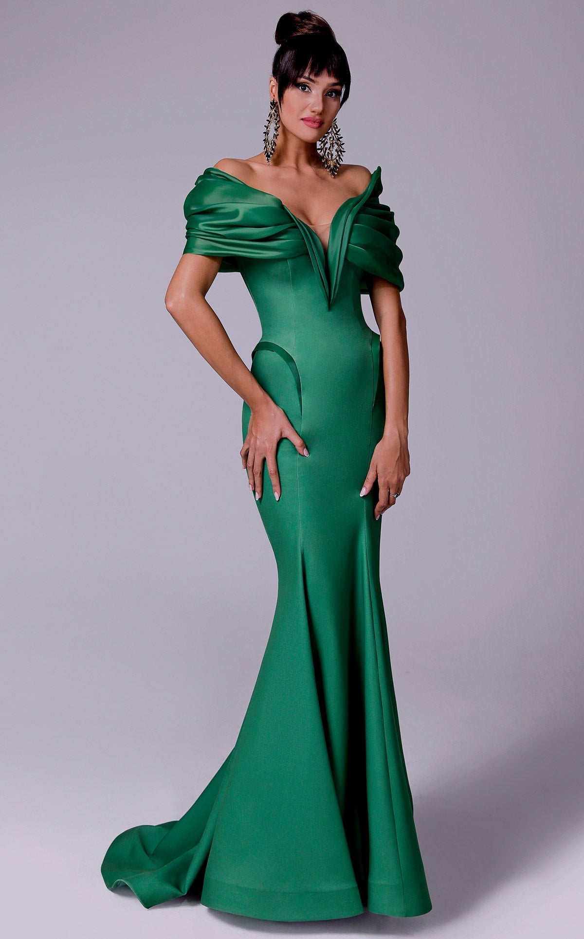 Fouad Sarkis 2710 Off-Shoulder Draped Mermaid Gown in Green