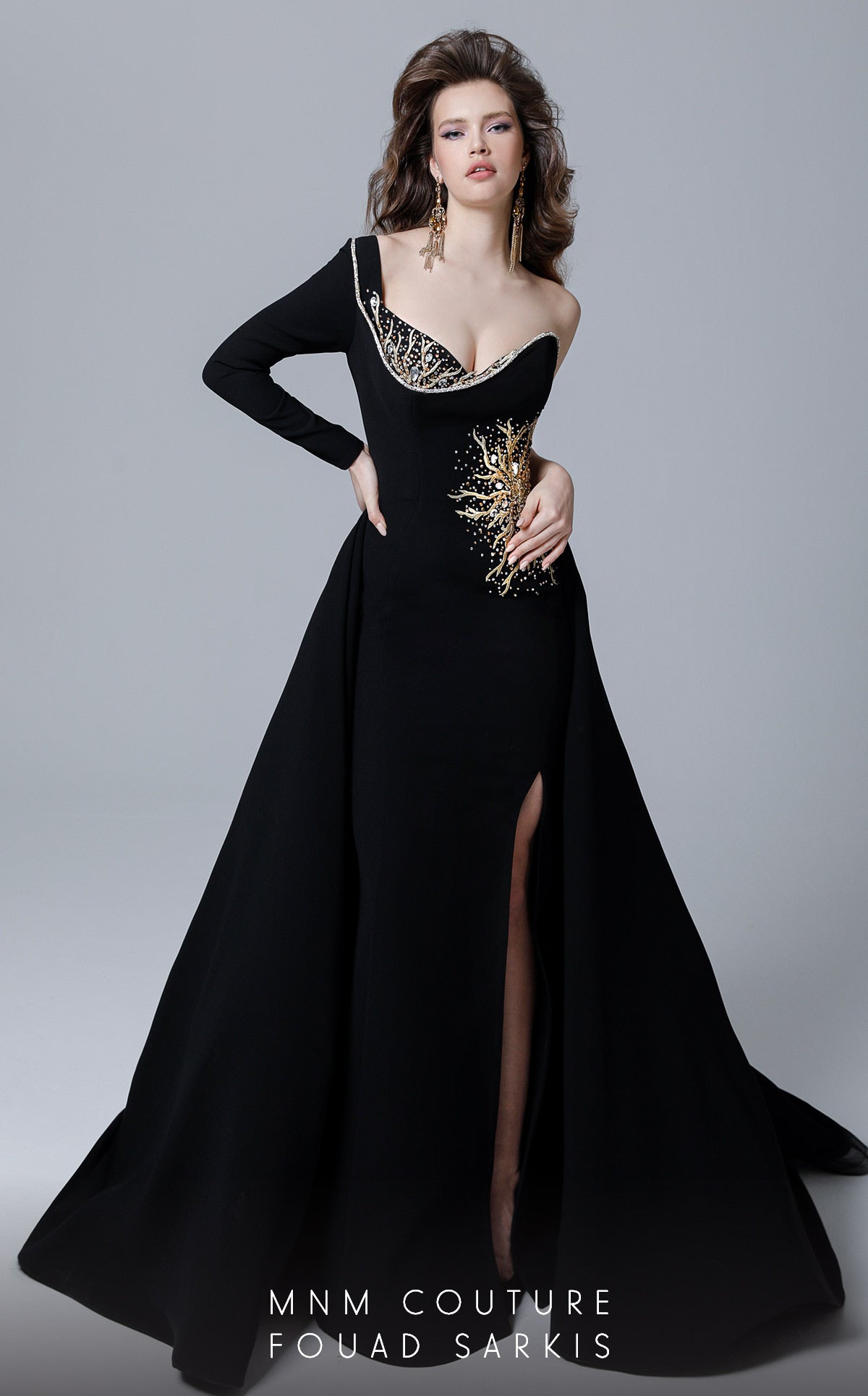 Fouad Sarkis 2719/Green: One-Sleeve Embellished Ball Gown