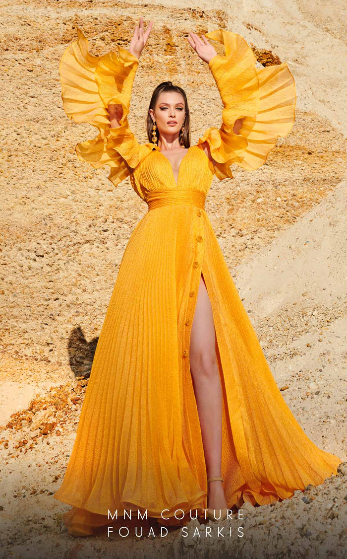 Fouad Sarkis 2775 Pleated Gown with Statement Sleeves