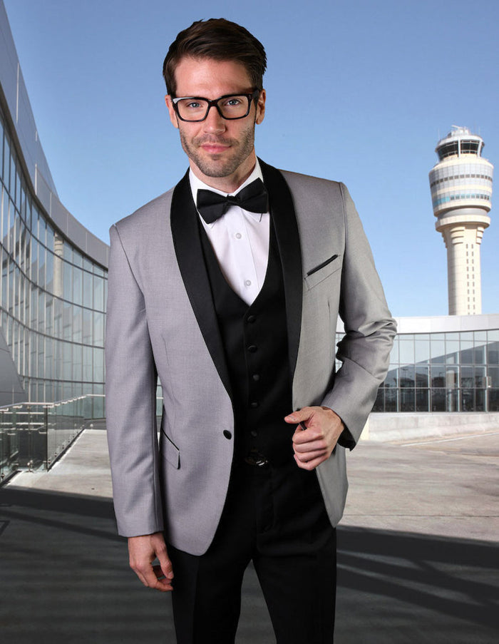 Grey Wool Shawl Lapel Tuxedo with Vest