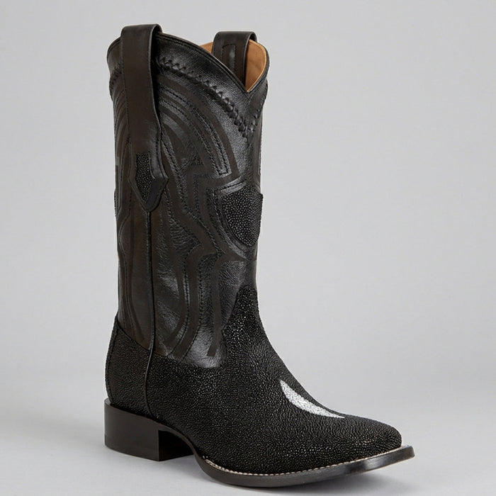 Wild West men's black genuine Stingray leather square toe cowboy boot on a gray background.