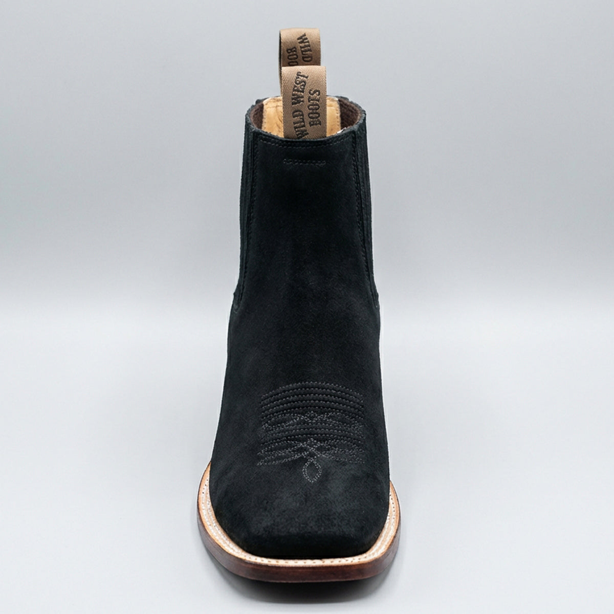Wild West men's black nubuck leather square toe Chelsea western boot.