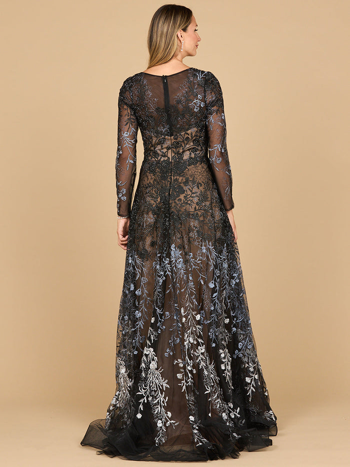 Lara 28878- Long Sleeve V-Neck Ombre Lace Gown
