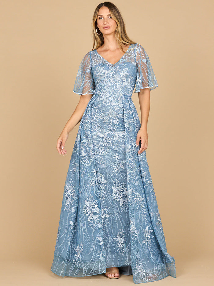 Lara 28880- Overskirt Lace Fitted V-Neck Gown with Cape Sleeves