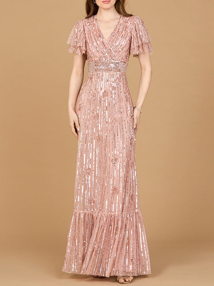 Elegant Beaded Gown with Flutter Sleeves