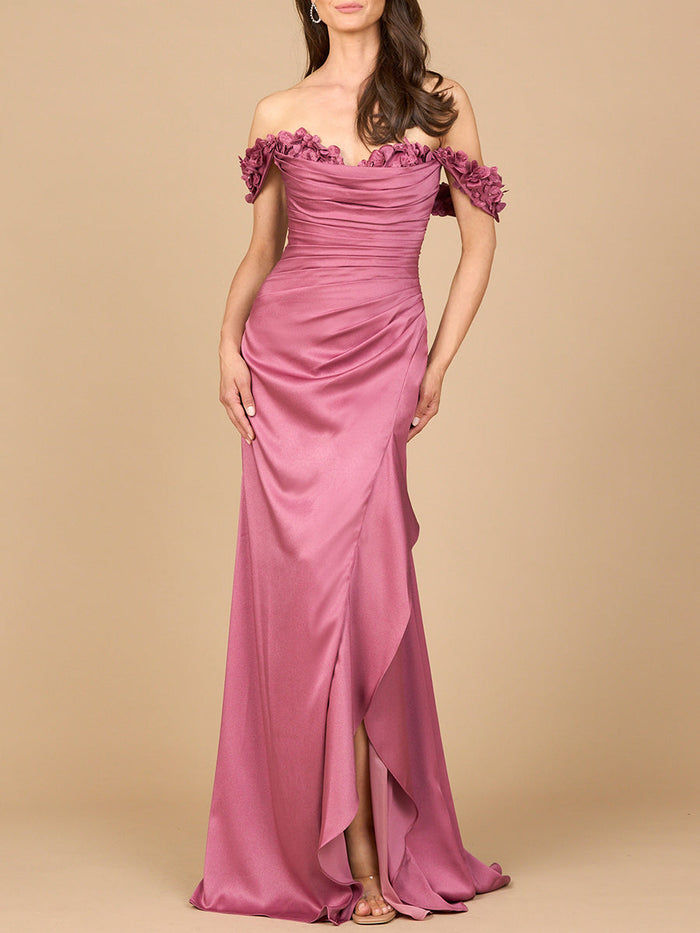 Lara 28916 Off Shoulder Wedding Guest Dress Crepe Simple Evening Gown with Slit