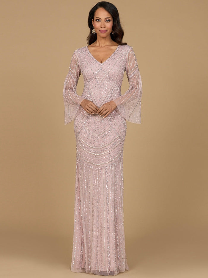 Long Sleeve Beaded Gown with Trumpet Sleeves