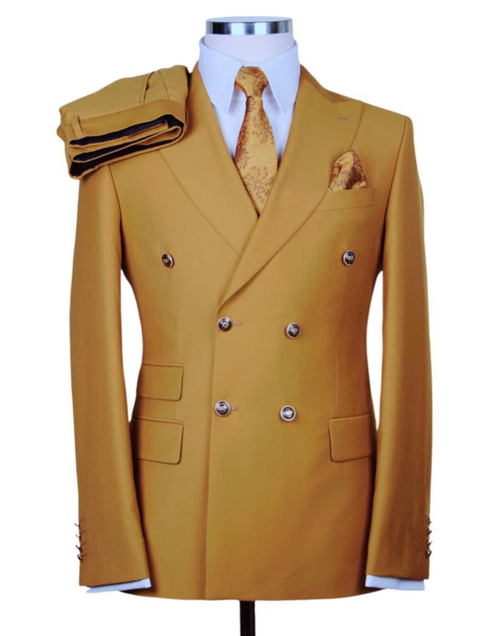 Designer Double Breasted Wool Suit in Khaki