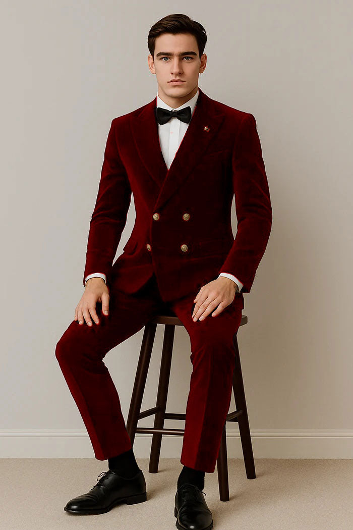 Mens Velvet Suit - Slim Fit Double Breasted Suit Blazer and Pants - Green