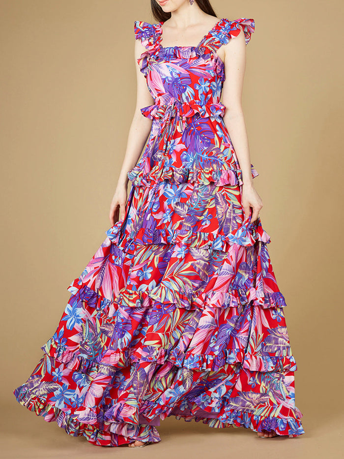 Lara 29271 Red and Purple Floral Print Wedding Guest Dress with Ruffle Skirt