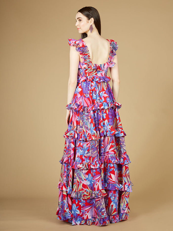 Lara 29271 Red and Purple Floral Print Wedding Guest Dress with Ruffle Skirt