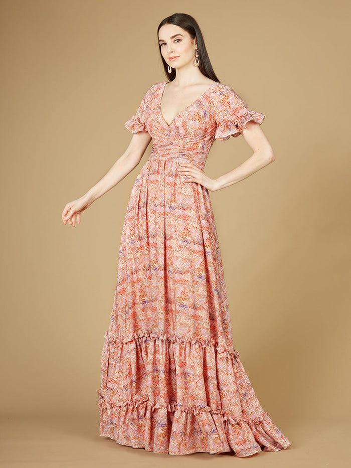 Lara 29273 Pink Long Floral Print Wedding Guest Dress with Cap Sleeves