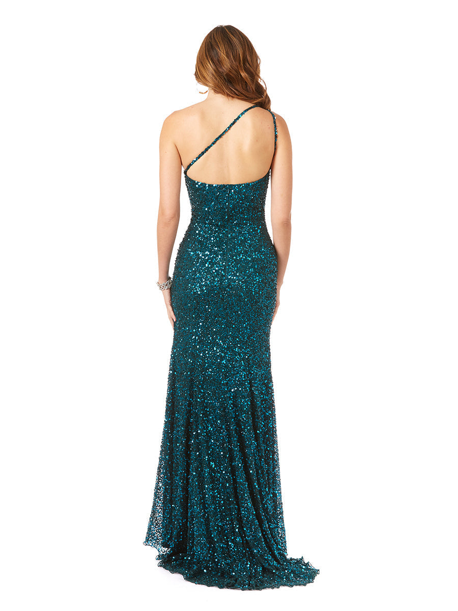 Lara 29286 Sequin One-Shoulder Beaded Evening Gown with Slit