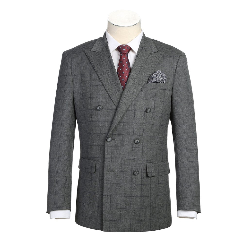 Slim Gray Check Double Breasted Suit - Renoir