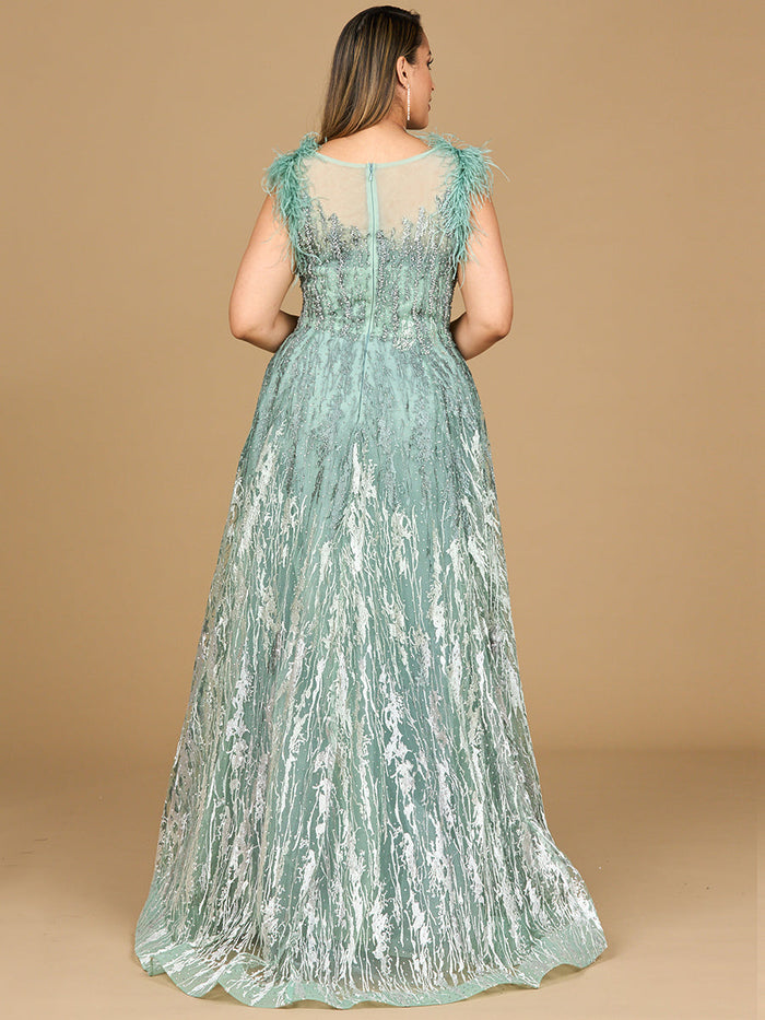 Lara 29475 Lace Beaded ballgown with Feather Cap Sleeves