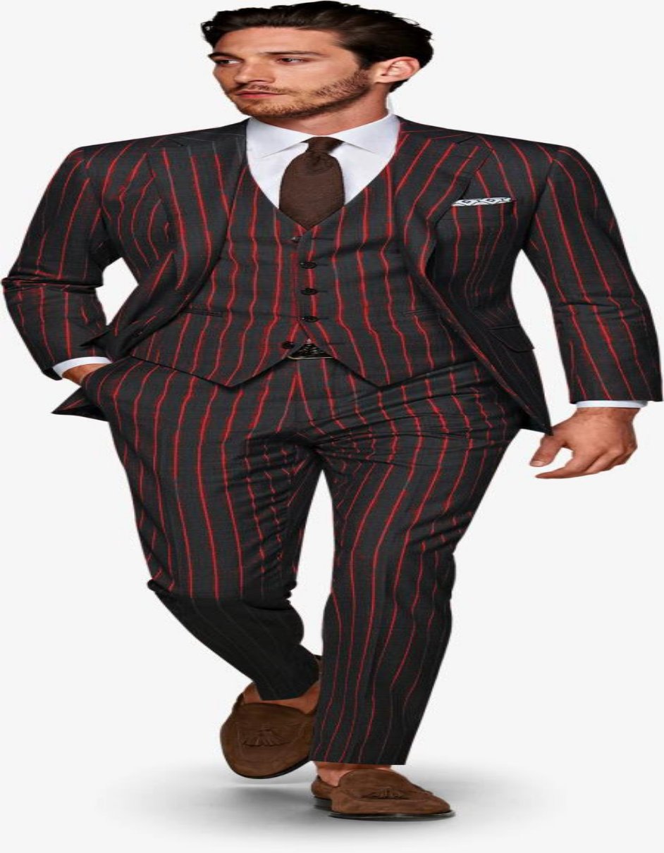 Mens Gangster Pinstripe Suit - Black & Red