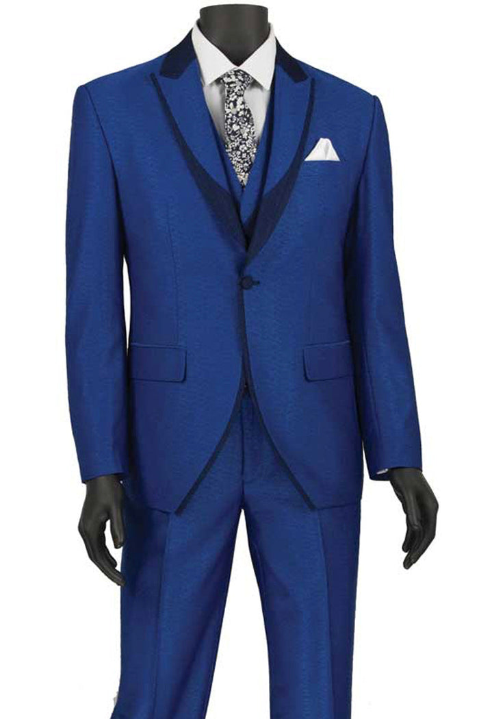 1 Button Trim Peak Vested Blue Tuxedo Suit