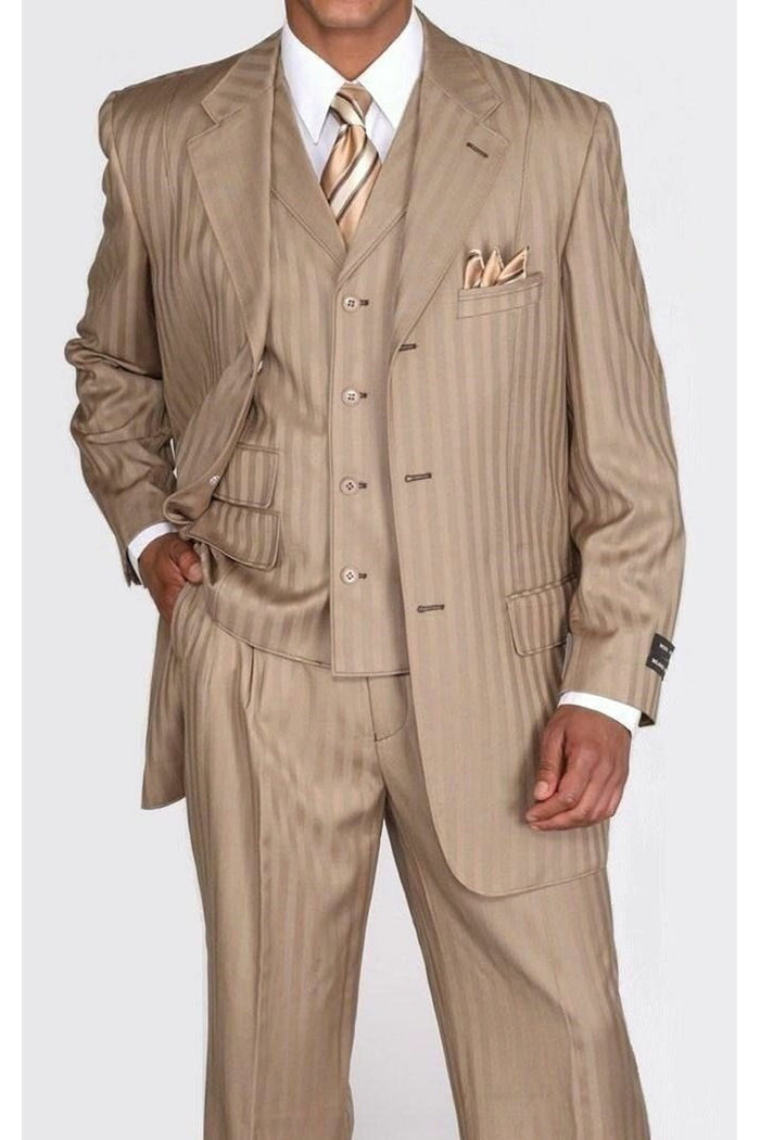 Mens 3 Button Vested Fashion Ton on Ton Suit with Contrast Stitching in Tan