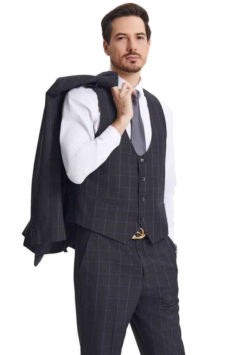 Stacy Adams Charcoal Windowpane Plaid Suit & Vest