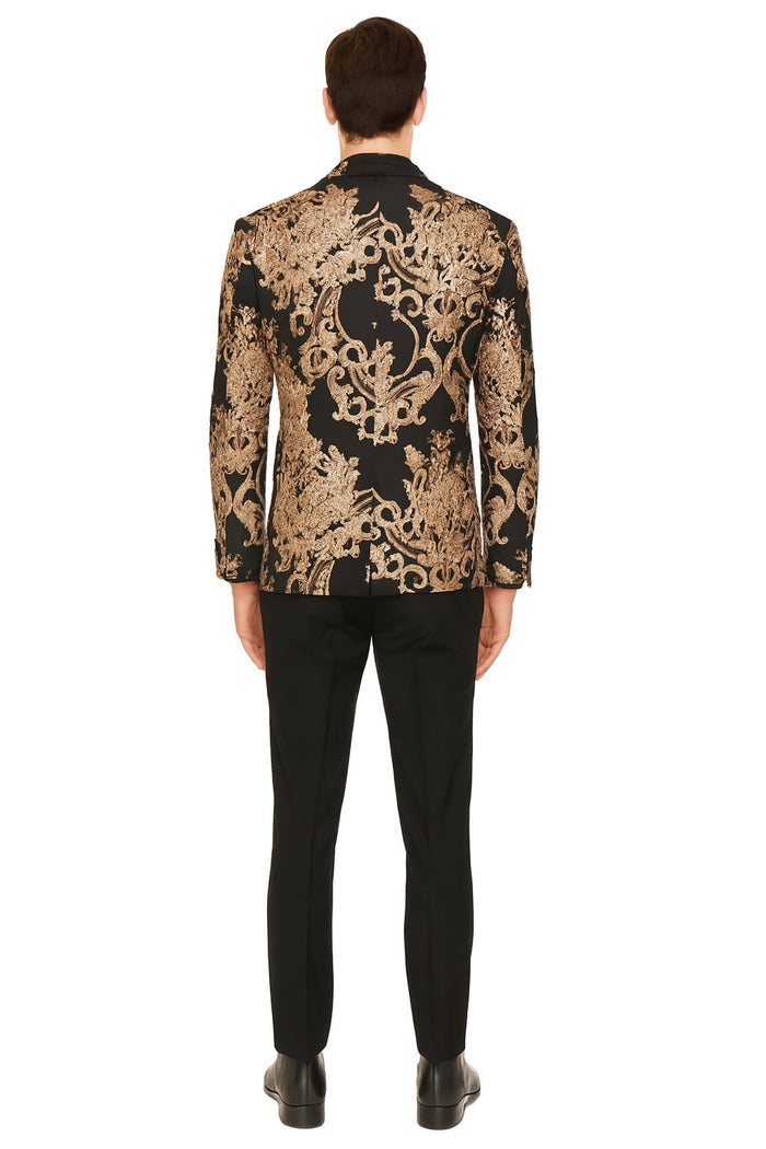 Mens Black and Rose Gold Floral Embroidered Blazer Suit Black Pants – Luxury Tuxedo Jacket for Weddings, Proms and Parties