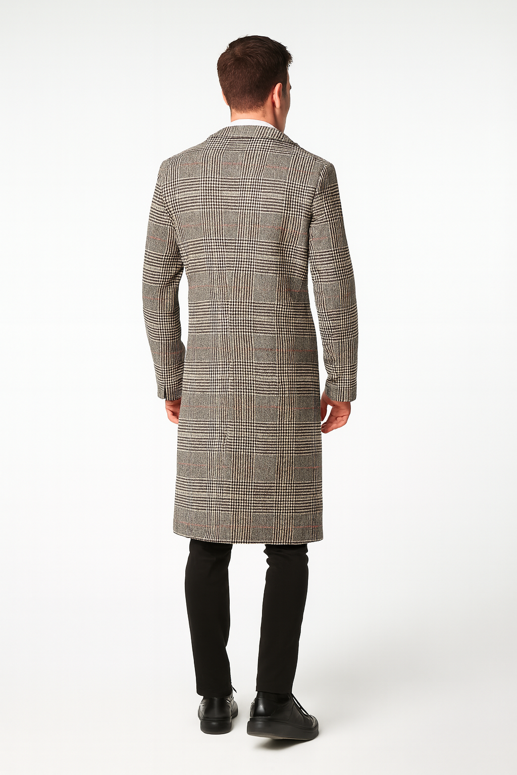Long Plaid Checkered Wool Blend Overcoat for Men