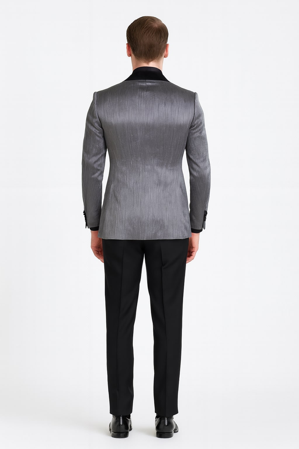 Silver Metallic Tuxedo Suit with Black Satin Peak Lapel – Mens Slim Fi