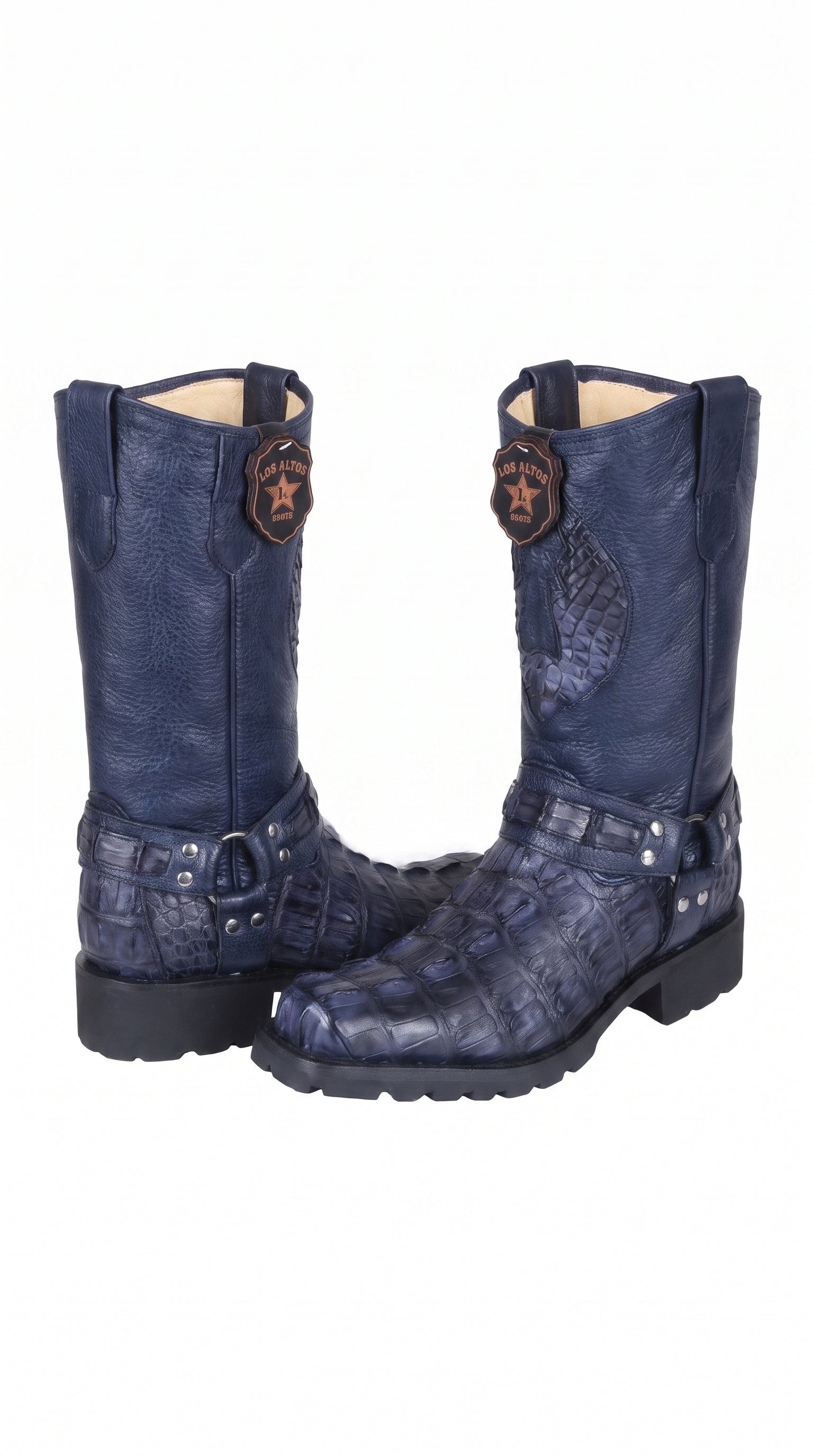 Men’s Los Altos Navy Blue Caiman Tail Skin Biker Boots – Exotic Leather Western Motorcycle Boots