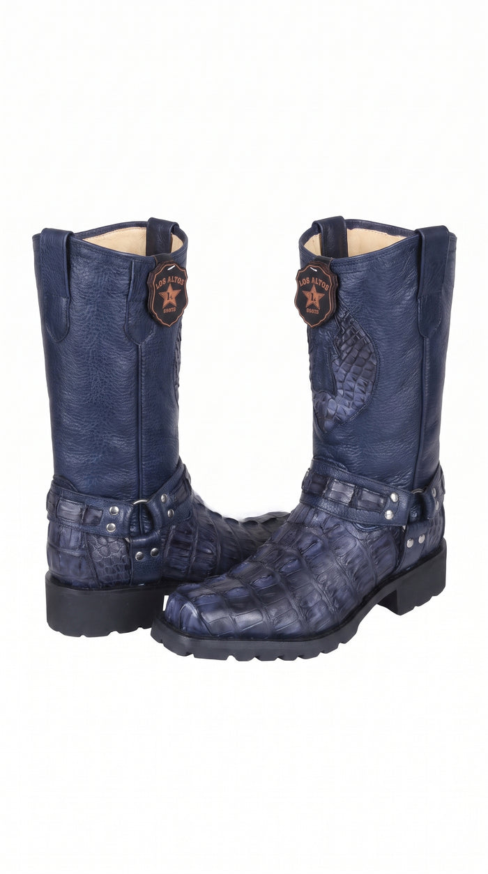 Men’s Los Altos Navy Blue Caiman Tail Skin Biker Boots – Exotic Leather Western Motorcycle Boots