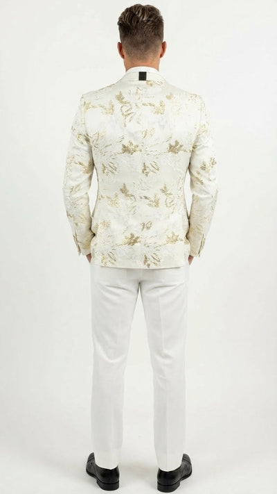 Men’s White and Gold Patterned Blazer – Paisley Floral Pattern Prom Wedding Suit Tuxedo Dinner Jacket + Bowtie