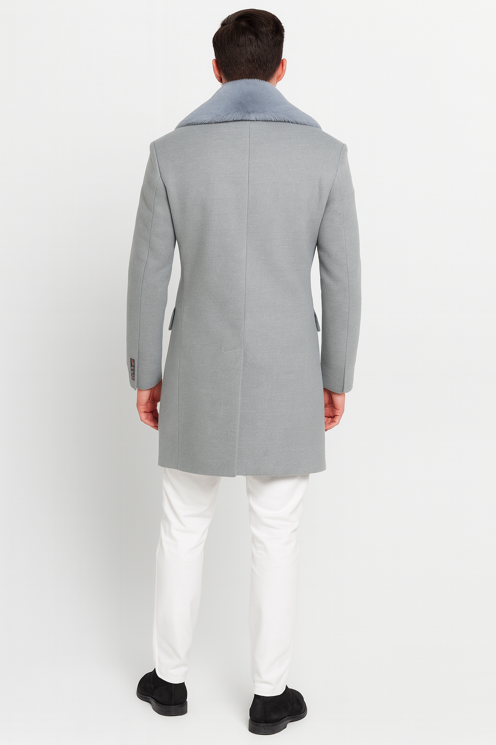 Grey Double Breasted Overcoat with Faux Fur Collar